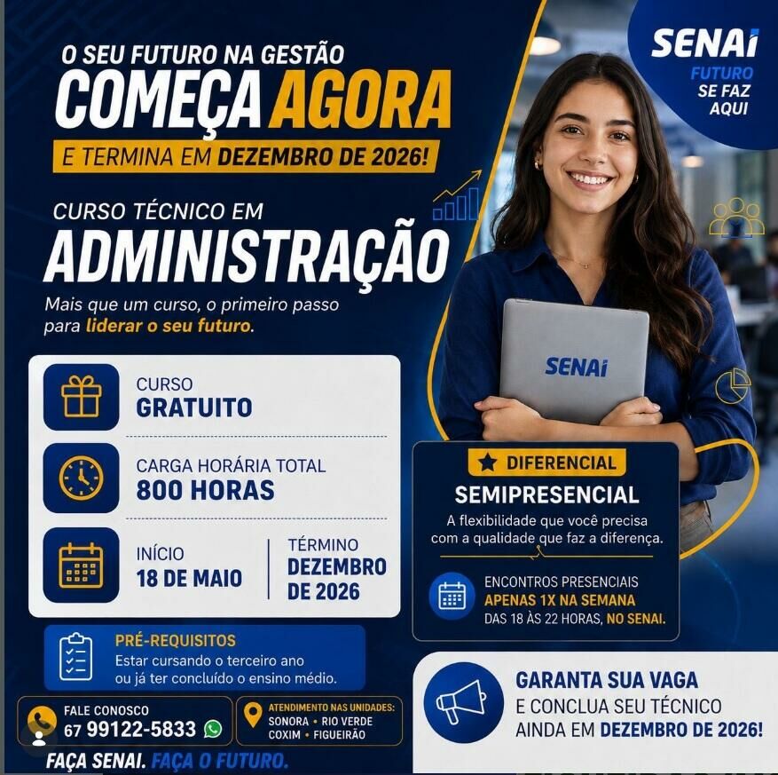 Imagem de compartilhamento para o artigo Curso técnico em Administração tem vagas abertas em Sonora, Coxim, Figueirão e Rio Verde da MS Todo dia
